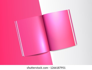 A4 realistic template for open book, magazine, booklet spread in pink color with light and shadow. Gradient mockup design for modern advertising. Vector illustration. Block of paper top view image.