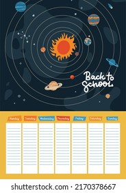 A4 School timetable with Solar system. Galaxy universe weekly planner template. School schedule and time table frames with planets and stars in outer space. Vector flat hand drawn illustration.