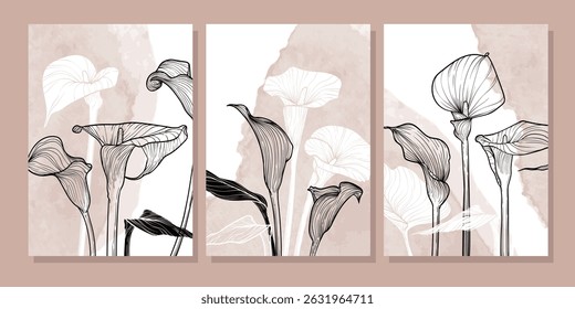 A4 set of calla lily flowers vector hand drawn illustrations. Art print with elegant black flowers on a beige watercolor splatter. Highly detailed and high quality graphic asset for online and print. 