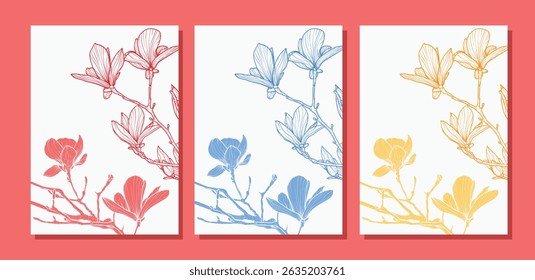 A4 set of magnolia line art vector hand drawn illustration. Art print with beautiful and elegant spring flower. Highly detailed and high quality graphic asset for online and print.