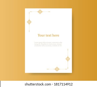 A4 sheet with vintage frame template. Retro banner ornate with gold ornaments blank center for your text diary note for annotations magazine schedule with Victorian lace elegant vector vignette.