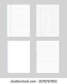 A4-Blatt mit weißen Linien, einzeln auf grauem Hintergrund. Leere Blätter Design für Zurück zur Schule. Vektorgrafik