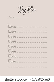 A4 Simple planner "plan of the day" without a date, by the hour. Organization of time, daily routine, for school, office, home. Planner template on isolated background. Stock vector illustration.