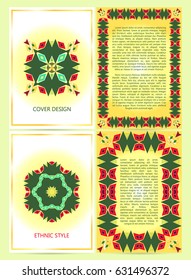 A4 size business template set with colorful ethnic frames, patterns, mandala, for restaurant menu, flyer, greeting card, brochure, cover, etc. Vector illustration