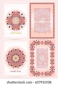 A4 size business template set with colorful ethnic frames, patterns, mandala, for restaurant menu, flyer, greeting card, brochure, cover, etc. Vector illustration
