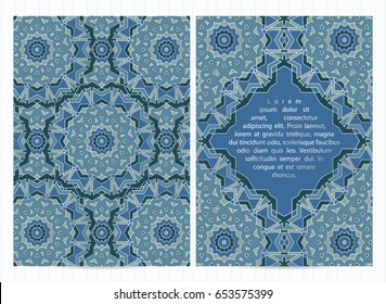 A4 size cards decorated with mandala in blue color with silver inserts. Vector template in eastern, oriental style for restaurant menu, flyer, greeting card, brochure, book cover.