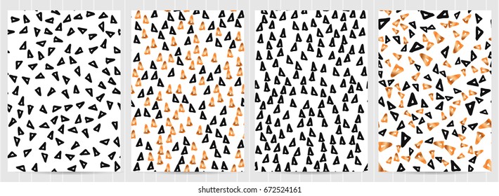 A4 size cards doodle, ink, Hand drawn triangles, black and white and golden vector illustrations. Business templates for restaurant menu, flyer, greeting card, brochure, cover, invitation, letter.