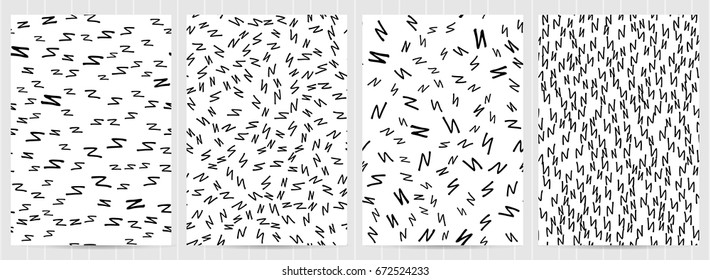 A4 size cards with doodle, ink, Hand drawn abstract elements. Black and white vector illustrations. Business templates for restaurant menu, flyer, greeting card, brochure, cover, invitation, letter. 