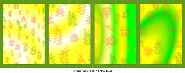 A4 size cards with doodle, ink, Hand drawn leaves, autumn color gradients. Business templates for restaurant menu, flyer, greeting card, brochure, cover, invitation, letter.