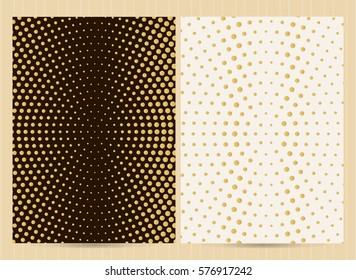 A4 size cards in golden color, dots and halftone design. Vector luxury templates for restaurant menu, flyer, greeting card, brochure, book cover and any other decoration.