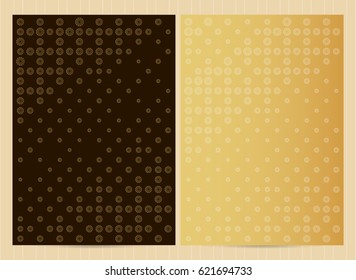 A4 size cards in golden color, dots and halftone design. Vector luxury templates for restaurant menu, flyer, greeting card, brochure, book cover and any other decoration.