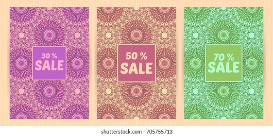 A4 size cards. Mandala round elements. Ethnic colorful background. Japanese, arabic, islamic, eastern, oriental, muslim style for restaurant menu, flyer, business card, brochure, book cover, banner.