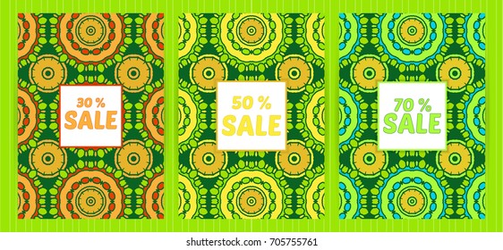 A4 size cards. Mandala round elements. Ethnic colorful background. Japanese, arabic, islamic, eastern, oriental, muslim style for restaurant menu, flyer, business card, brochure, book cover, banner.