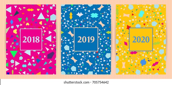 A4 size cards, random, chaotic geometric elements. Vector backgrounds for restaurant menu, flyer, business card, brochure, book cover, banner, etc.