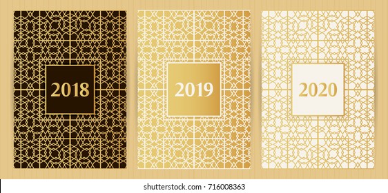 A4 size covers with abstract geometric pattern, golden color. Templates in islamic, japanese, arabic, eastern, oriental style for restaurant menu, flyer, business card, brochure,  banner, etc.