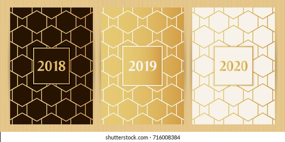 A4 size covers with abstract geometric pattern, golden color. Templates in islamic, japanese, arabic, eastern, oriental style for restaurant menu, flyer, business card, brochure,  banner, etc.