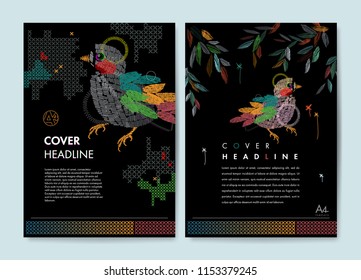 A4 size covers with embroidered bird, leaves and abstract geometric backgrounds. Vector templates for posters, flyers, book covers, banners, presentations, leaflet, magazine