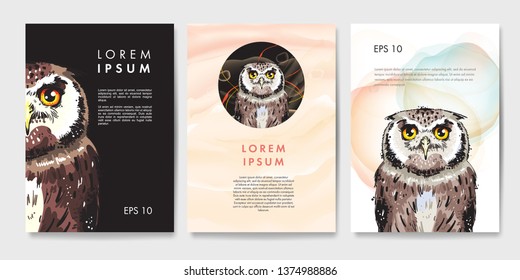 A4 size covers with hand drawn vector realistic owl and abstract fluid backgrounds. Vector templates for posters, flyers, banners, book covers, presentations, leaflet, magazine