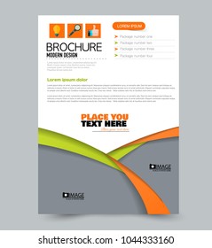 A4 size flyer template. Abstract brochure design for business, education, presentation, advertisement. Vector illustration. Green and orange color.