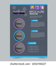 A4 size flyer template. Abstract brochure design for business, education, presentation, advertisement. Vector illustration. Purple, blue, and grey color.