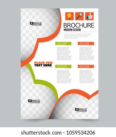 A4 size flyer template. Abstract brochure design for business, education, presentation, advertisement. Vector illustration. Green and orange color.