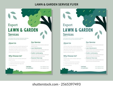 A4 size flyer template for lawn care services, Lawn and gardening service flyer design template. Tree and gardening service poster leaflet design. lawnmower flyer template.