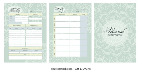 A4 size personal budget planner template design. 3 sets of planner pages, tracker, notepad cover.