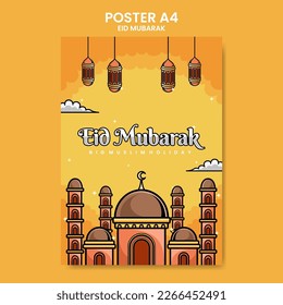 A4 size poster design with the theme of eid mubarak, with illustrations of lanterns and mosques which is perfect for the holiday theme