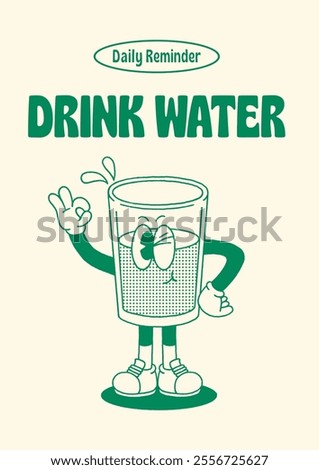 A4 size poster retro drink water glass character , friendly reminder, star hydrated, vector illustration