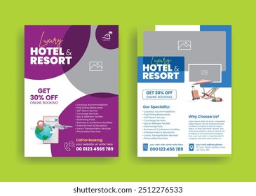 a4 size print ready flyer or poster for Hotel, resort, vacation lodge or hospitality template , travel holiday tourism promotional advertising leaflet or brochure cover design