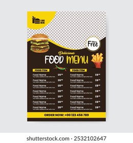 A4 size print ready Restaurant fast food menu Design Template, Food Menu Card Design, Menu Card Design For Restaurant, Restaurant food vertical flyer or poster template design