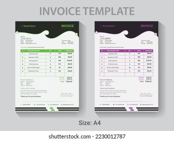 A4 Size Professional Invoice design template,  Modern vector payment receipt layout.