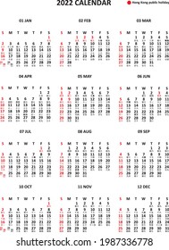 A4 size ready print 2022 hong kong calendar (with public holidays and 365 days lunar calendar in Chinese characters)