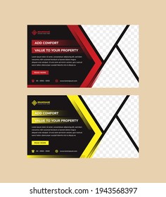 A4 Size Real Estate Flyer Template Design With Horizontal Layout Use Red And Yellow Element Colors Isolated In Black Background. Triangle Shape For Photo Collage Space. 