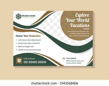 A4 size vacations flyer template design with horizontal layout use green and gold element colors.white background with space for photo like eye shape. 