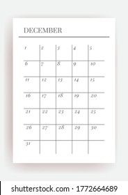 Plantilla de Vector Planner de tamaño A4. Página de bloc de notas vertical imprimible en blanco. Organizador de negocios. Rastreador de hábitos del calendario de diciembre, proyecto, notas, objetivos. 