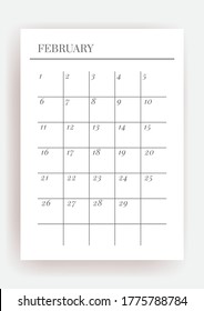 A4 size Vector Planner template. Blank printable vertical notebook page. Business organizer. February Calendar habit tracker, project, notes, goals. 