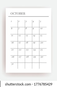 A4 size Vector Planner template. Blank printable vertical notebook page. Business organizer. October  Calendar habit tracker, project, notes, goals. 