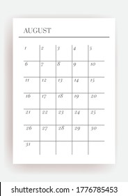 A4 Size Vector Planner Template. Blank Printable Vertical Notebook Page. Business Organizer. August Calendar Habit Tracker, Project, Notes, Goals. 