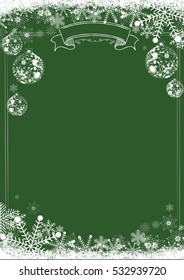 A4 size vertical Cafe menu classic green winter christmas background with snowflake and xmas ball border