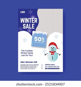 A4 size Vertical print flyer or poster template for Winter and Christmas sale promotion  with 3d snowman and snowflakes Background. winter, Christmas, new year festival celebration party flyer design