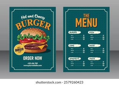 A4 Size Vintage Hot and Cheesy Burger Food Menu Poster For Restaurant and Marketing Purposes, Food Poster, Food Flyer, Food Banner, Restaurant Flyer, Restaurant Banner, Restaurant Poster