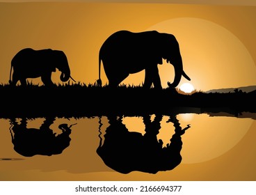 A4 size wild elephants passing trough a lake digital vector art. Print and hang on wall. Wall art