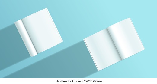 A4 spread template vector illustration. White page notepad with realistic light and shadow. Sketchpad mockup set on blue background. Blank clear paper. Magazine model.