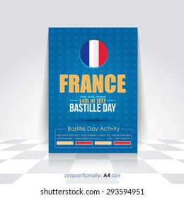 A4 Style Bastille Day Announcement Celebration Message Poster, Flyer, Card, Blue Colors Background Vector Design