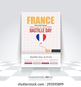 A4 Style Bastille Day Announcement Celebration Message Poster, Flyer, Card, Background Vector Design, Heart Style France Flag Hold Hand Illustration