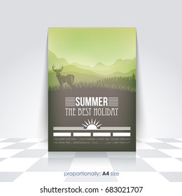 A4 Style Flyer Design, Adventure Concept, Mountain, Forest Landscape Vector Illustration, Web Banner. Climbing or Trekking, Abstract Nature Illustration, Brochure Cover