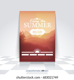 A4 Style Flyer Design, Adventure Concept, Mountain, Forest Landscape Vector Illustration, Web Banner. Climbing or Trekking, Abstract Nature Illustration, Brochure Cover