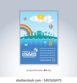 A4 Style Flyer Design. Summer Time, Paper Art Style Background, Vector Illustration