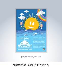 A4 Style Flyer Design. Summer Time, Paper Art Style Background, Vector Illustration